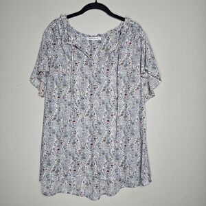 Rose And Olive Womens 2X Blue Floral Blouse Boho Peasant Top V-Neck Tie‎